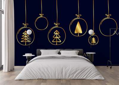 christmas card with fir tree golden balls hanging decoration Wall mural