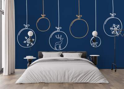 christmas card with tree balls decoration on blue background Wall mural