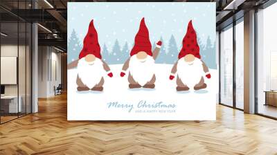 christmas greeting card with cute christmas dwarf and snowy landscape Wall mural