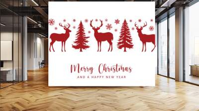 christmas greeting card with seamless deer and fir tree pattern vector illustration Wall mural