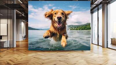 cute happy dog jump in lake in summer Wall mural