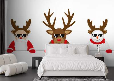 funny christmas cartoon with cute reindeer santa claus and snowman with sunglasses and antler vector illustration EPS10 Wall mural