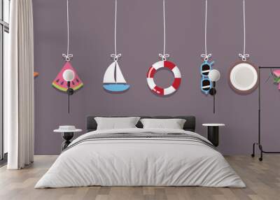 happy summer holiday banner design with hanging utensils Wall mural