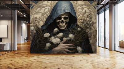 human skull death with roses halloween design illustration Wall mural