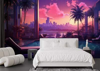 luxurious house with pool view tropical summer vacation illustration Wall mural