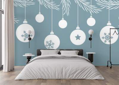 merry christmas card with hanging ball decoratoin and fir branches Wall mural