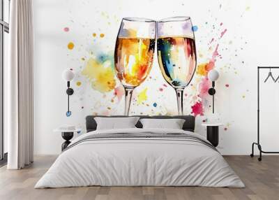 new year champagne glasses watercolor Wall mural