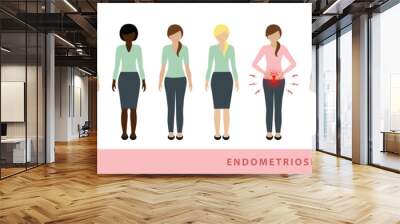 one in ten women has endometriosis illustration of different women one with abdominal pains Wall mural