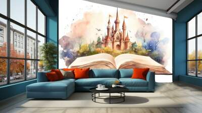 open book fairy tale magical castle watercolor design Wall mural