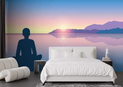 person enjoy the silence on a calm sea at sunrise vector illustration EPS10 Wall mural