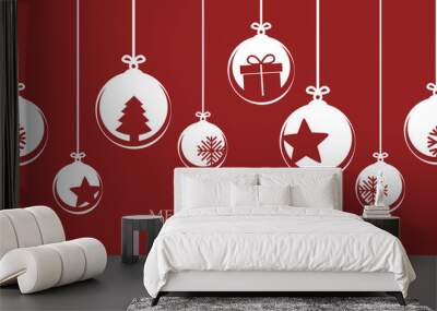 red christmas card with bauble decoration snowflakes stars and gift vector illustration EPS10 Wall mural