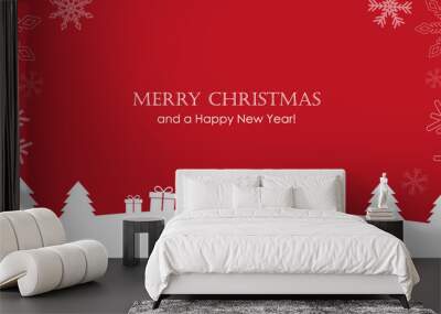 red christmas greeting card with firs gifts and snowfall vector illustration EPS10 Wall mural