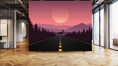 reindeer jumping over asphlated road purple wildlife mountain landscape vector illustration EPS10 Wall mural