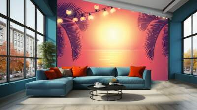 romantic summer night by the sea with palm tree and fairy light vector illustration EPS10 Wall mural