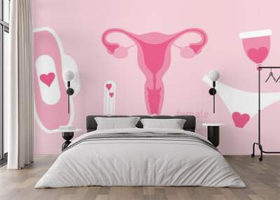 set of female hygiene products menstruation women uterus sanitary tampon Wall mural