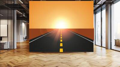 straight asphalt road in autumn at sunrise mountain landscape vector illustration EPS10 Wall mural