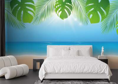 sunny summer day on the beach background with palm leaf vector illustration EPS10 Wall mural