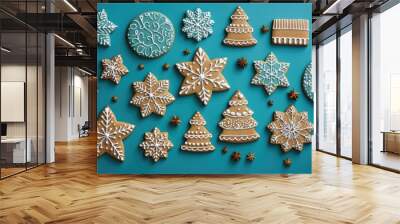 tasty decorated christmas cookies on blue background Wall mural