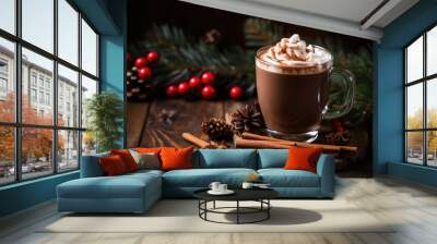 tasty hot chocolate drink at christmas time on wooden table Wall mural