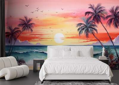 tropical palm beach by the ocean at sunset watercolor illustration Wall mural