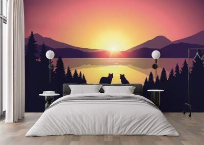 wildlife adventure wolf in the wilderness by the lake at sunset vector illustration EPS10 Wall mural