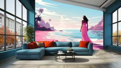 woman in pink dress on tropical beach illustration Wall mural