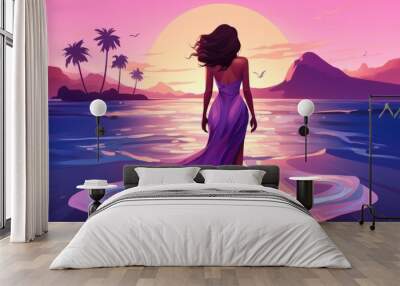 woman in purple dress on tropical beach illustration Wall mural