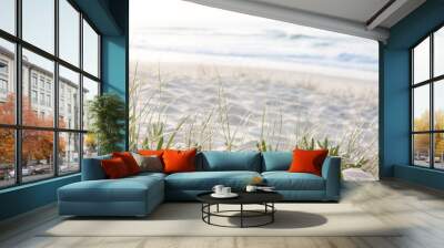 sunrise light on white sand beach with dune grass and succulents in Australia with turquoise surf waves of the pacific ocean  Wall mural