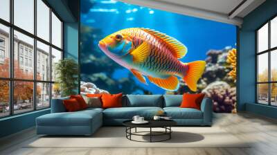 brightly colored fish swimming in a coral reef with bright blue water Wall mural