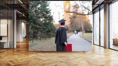 Young graduate in cap and gown walking across university campus Wall mural