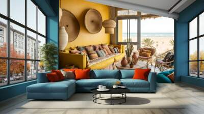 a bohemian and tropical living room with natural furniture and colorful cushions. the space overlook Wall mural