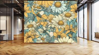 a seamless pattern with beautiful daisies in shades of yellow and pale baby blue on a craft paper background. generative ai Wall mural