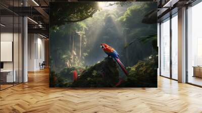 A vibrant red macaw, perched high on a branch in a dense Amazonian rainforest, with bright green foliage, vines, and a distant waterfall in the humid, misty air. generative ai Wall mural