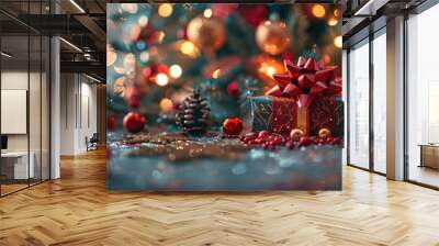 Beautifully Wrapped Christmas Present Under Decorated Tree with Colorful Lights

 Wall mural