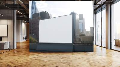 Blank white glass signboard in bustling NYC skyline for custom messages and advertising. Wall mural