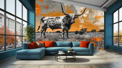 Collage with a B&W photo of Texas plains and longhorn cattle, accented by burnt orange and deep blue for sunsets and clear skies.

 Wall mural