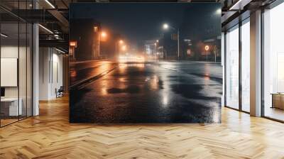 Dark empty street scene with wet asphalt reflecting neon lights, searchlight, and smoke, creating a moody night city atmosphere.  Wall mural