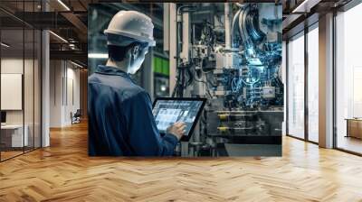 Engineer analyzing maintenance data on a tablet, forecasting machine maintenance, exemplifying Industry 4.0. Wall mural