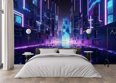 futuristic world with this modern technology abstract background. A holographic cityscape texture in shades of blue and purple creates an otherworldly atmosphere. generative ai Wall mural