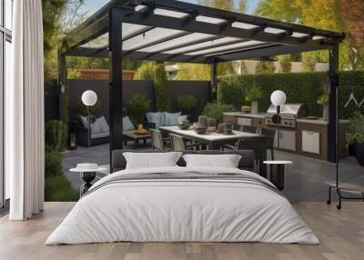 Luxurious contemporary patio with pergola and outdoor dining. generative ai Wall mural