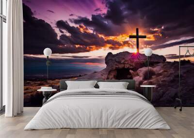 Majestic light and clouds create a dramatic backdrop for the holy cross atop Golgotha Hill, symbolizing the death and resurrection of Jesus Christ. generative ai Wall mural