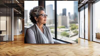 mature optimistic latina hispanic businesswoman woman female executive CEO in corporate modern office thinking contemplating and looking out window skyscraper cityscape daytime with room for text Wall mural