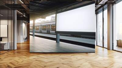 Minimalist white glass signboard in a bustling subway or train station for engaging advertisements. Wall mural