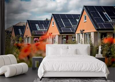 Netherlands eco-homes with solar panels among a field of poppy flowers. Wall mural