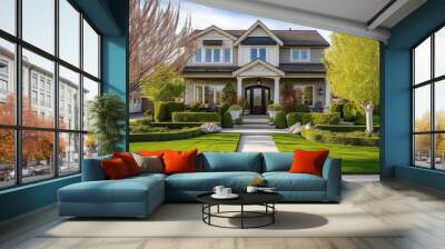 New luxury home with lush backyard, walkway to a ornate porch. Wall mural