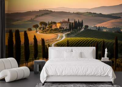 The breathtaking beauty of Tuscany with this gorgeous countryside scene featuring rolling hills, vibrant vineyards, and picturesque farmhouses. Watch the sun set over the landscape, Generative AI Wall mural