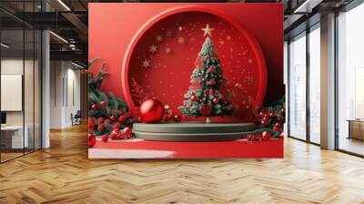 This vibrant holiday banner showcases a green podium on a red circular background, adorned with a Christmas tree, sparkling baubles, and gold stars, capturing the festive spirit.

 Wall mural