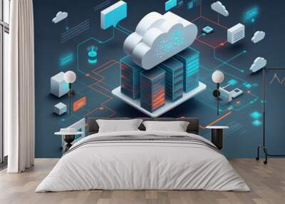 Visualize the power of cloud computing with this futuristic illustration. Showcasing the interconnectivity and interdependence of multiple systems. Generative AI. Wall mural