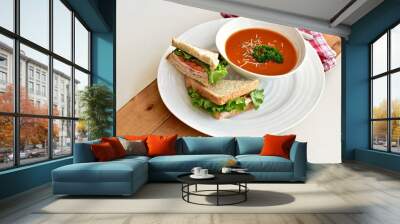 Tasty comfort meal soup and sandwich for cool blustery spring day. Food background, photo concept, healthy lifestyle eating.  Wall mural