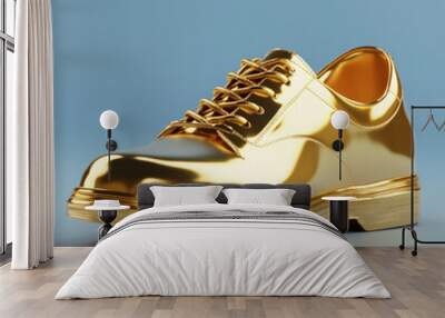 A gold shoe with a gold sole on a marble floor, reflecting light. Wall mural